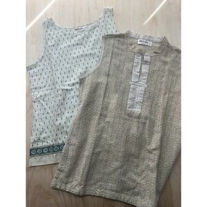 FabIndia 100% Silk Sleeveless Tops Bundle Lot of 2 Tan Blue Print Womens Medium